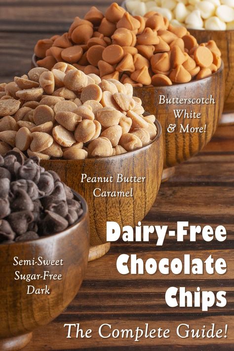 The Complete Guide to Dairy-Free Chocolate Chips - semisweet, bittersweet, butterscotch, white chocolate, minis, chunks and more! Ingredients, cross-contamination warnings, etc. Vegan, gluten-free + soy-free options. Dairy Free Kids, Snacks Chocolate, Dairy Free Cooking, Dairy Free Treats, Dairy Free Chocolate Chips, Allergy Free Recipes, Butterscotch Chips, Dairy Free Dessert, Dairy Free Chocolate