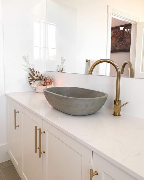 Highgrove Bathrooms’s Instagram profile post: “Captivating concrete 🌟⠀ Breaking up this light and white design, our CRETE Concrete Basin offers texture and colour to this bathroom. It’s…” Concrete Basin Bathroom, Industrial Bathroom Inspiration, Concrete Sink Bathroom, Brushed Brass Tapware, Brass Tapware, Stone Benchtop, Brass Cabinet Handles, Concrete Sink, Brass Tap