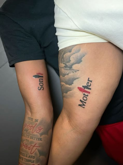 Mom Son Tattoos Matching, Mom Arm Sleeve Tattoo, Him And Hers Tattoos, Matching Tattoos For 3 Brothers, Small Mom And Son Tattoo Ideas, Tattoo Ideas For Men About Mom, Unique Arm Tattoos Men, Medium Sized Tattoos For Guys, Tricep Tattoo Men Ideas Design