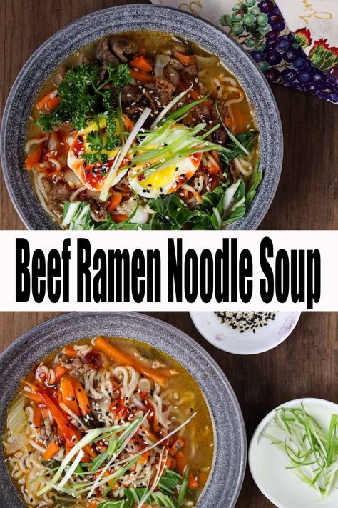 Beef Noodle Soup Chinese Beef Soup Asian Noodles, Spicy Beef Ramen Soup, Healthy Ramen Soup Recipes, Beef Broth Ramen Recipes, Ramen Bowl Toppings, Beef Ramen Noodle Hacks, Pork Ramen Noodle Recipes Soups, Ramen Bowl Recipe Beef, Beef Ramen Recipes Authentic