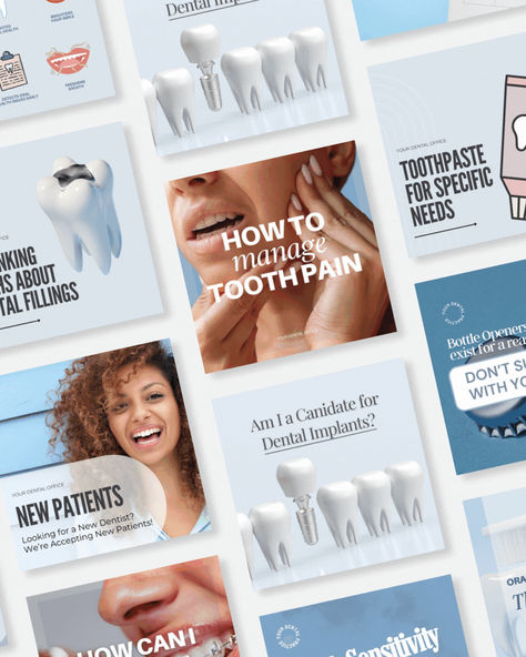 Custom social media kits for dentists by Media by Liz, featuring ready-to-use templates for Instagram and Facebook to help dental practices boost their online presence and attract more patients. Dentist Social Media Design, Dental Social Media Design, Dentist Social Media, Dentist Branding, Dental Social Media, Dental Posts, Dental Offices, Tooth Pain, Dental Practice