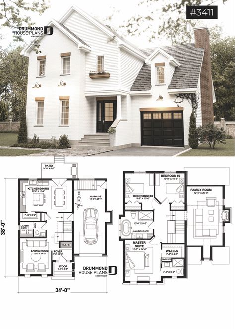 House plan 3 bedrooms, 2.5 bathrooms, garage, 3411 | Drummond House Plans Two Floor Plans House, Home Design Blueprints, 3 Family Home Plans, First Floor House Design Layout, Cool House Floor Plans, Ad House Plans, Home Layout Plans 3 Bedroom, House Layout Blueprint, 4bdrm House Plans Layout