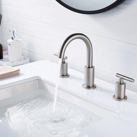 Brushed Silver Bathroom Faucet | Wayfair Silver Faucet Bathroom, Silver Faucet, Silver Bathroom, Widespread Faucet, Mirror Backsplash, Faucet Design, Plumbing Bathroom, Widespread Bathroom Faucet, Wayfair Furniture