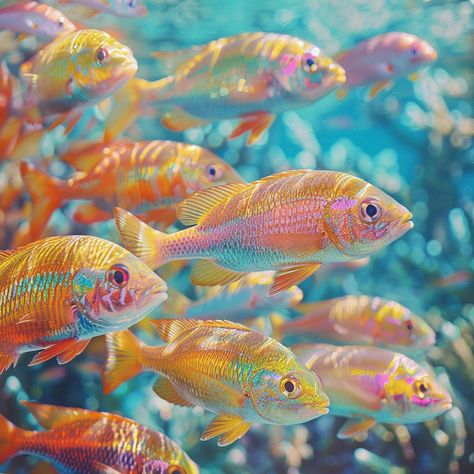 "Colorful Fish Swarm: A vibrant school of yellow and orange #marine life swimming together in a crystal clear #oceanwater. #sealife #vividcolors #underwaterworld #aesthetic #videoart #cgiphoto #digitaldownload ⬇️ Download and 📝 Prompt 👉 https://stockcake.com/i/colorful-fish-swarm_1018755_938035" Tropical Fish Aesthetic, Sea Life Reference Photos, Marine Life Aesthetic, Fish Core, Fish In Ocean, Schooling Fish, Schools Of Fish, Fish Aesthetic, Fish Pictures