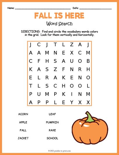 Easy Word Search For Kindergarten, Fall Worksheets For 2nd Grade, Fall Activities For School Age Kids, Free Homeschool Printables 2nd Grade, 2nd Grade Word Search Free Printable, Fall First Grade Activities, Fall Word Search For Kids, Word Search For Kindergarten, Fall Worksheets For Kindergarten