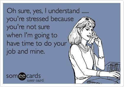 Oh sure, yes, I understand ...... you're stressed because you're not sure when I'm going to have time to do your job and mine. Workplace Humor, Job Quotes, Funny Work, Work Jokes, Office Humor, Work Memes, Funny Happy, Funny Relationship, Work Humor