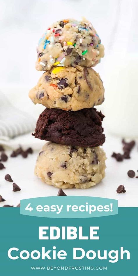 This easy recipe for Edible Cookie Dough is made for raw consumption! It comes in 4 irresistible flavors – chocolate, peanut butter, chocolate chip and funfetti! Essen, Easy Edible Cookie Dough, Funfetti Cookie Dough, Delicious Cookies Homemade, Homemade Cookie Dough, Edible Cookie Dough Recipe, Homemade Cookie, Raw Cookie Dough, Peanut Butter Cookie Dough