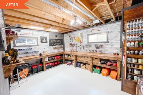 Garage Paint Organization, Organization On A Budget, Organized Workspace, Basement Organization, Basement Workshop, Faux Brick Panels, Basement Office, Dumping Ground, Brick Paneling