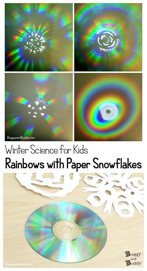 Winter Science for Kids: Explore light and colors by making rainbow reflections using a CD and paper snowflakes! #buggyandbuddy #winterscience #scienceforkids #papersnowflakes #wintercrafts #rainbows #rainbowscience #lightscience Vetenskapliga Experiment, Rainbow Science, Rainbow Reflection, Winter Science, Rainbow Activities, Steam Science, Light Activities, Kids Light, Kid Experiments