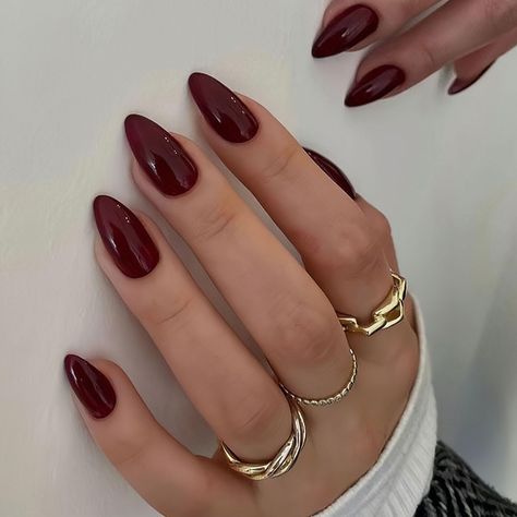 Classy Gel Nails Short Almond, Beginning Of September Nails, Nail Color For Brunettes, Fall Acyrilics Nails Almond, Wine Burgundy Nails, Burgundy Nail Ideas Acrylic Almond, Dark Brown Acrylic Nails Almond, November Nails Solid Colors, Shiny Gold Nails