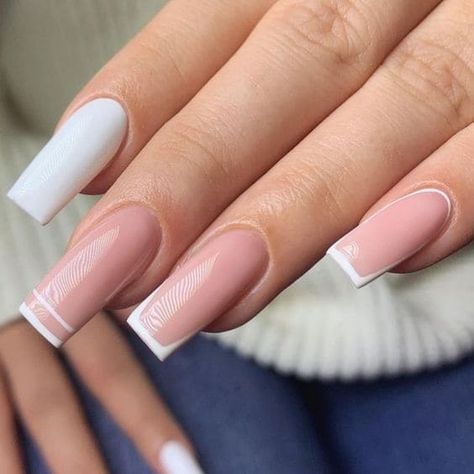 French Line Design Nails, French Coffin Shape Nails, White French Tip Nails Coffin Design, Creative White French Tip Nails, Modern French Tip Nails Coffin, Nails With White Lines On Tip, White Tips Coffin Shape, One Side French Nails, Nails With Lines On Edge