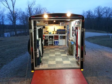 Enclosed Motorcycle Trailer, Enclosed Trailer Camper Conversion, Trailer Shelving, Trailer Camper Conversion, Camper Conversion Ideas, Enclosed Trailer Camper, Cargo Trailer Camper Conversion, Trailer Organization, Work Trailer