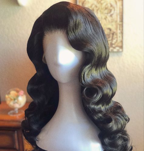 Black vintage wig 1950s Waves Hair, Luxury Hair Styles, Retro Black Hairstyles, Long Flapper Hair, Marcel Curls Hairstyles, Vintage Wavy Hair, Showgirl Hairstyles, 1920s Inspired Hair, Long 1920s Hairstyles