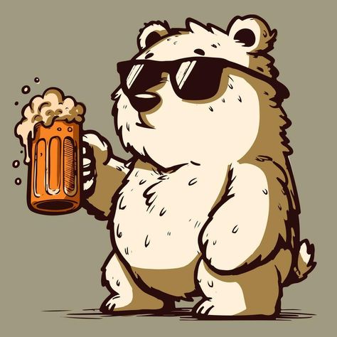 Vector of a cartoon polar bear with sunglasses holding a beer pint. Drawing of a north pole animal drinking a beverage Beer Cartoon Drawing, Beer Illustration Art, Bear Cartoon Drawing, Bear Cartoon Images, Drinking Drawing, Bear Drinking Beer, Animal Cartoon Illustration, North Pole Animals, Bear With Sunglasses