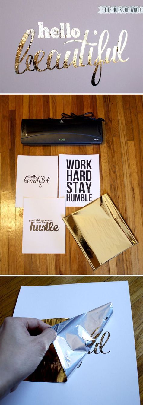 DIY Gold Foil Prints :: hot laminator / laser printed graphics / toner reactive gold foil http://jenwoodhouse.com/diy-gold-foil-prints/ Gold Foil Diy, Minc Foil, Diy Foil, Gold Foil Text, Foil Prints, Gold Foil Art, Deco Foil, Diy Gold, Astuces Diy