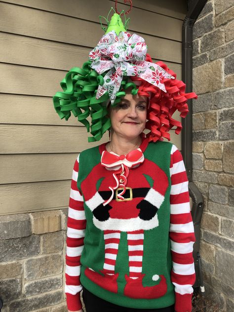 Christmas elf wig. Funny Christmas Hats Diy, Creative Ugly Christmas Sweater, Funny Christmas Hats, Christmas Tree Costume, Ugly Christmas Sweater Contest, Best Ugly Christmas Sweater, Foam Wigs, Ugly Christmas Sweater Women, Diy Ugly Christmas Sweater