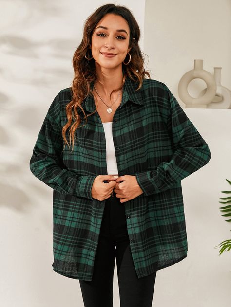 Multicolor Casual Collar Long Sleeve Fabric Plaid Shirt Embellished Non-Stretch Spring/Fall Women Tops, Blouses & Tee Green Plaid Shirt Outfit, Plaid Button Up Shirt Outfit, Green Flannel Outfit, Checkered Shirt Outfit, Green Outfits For Women, Outfits Con Camisa, Plaid Shirt Outfits, Green Plaid Shirt, Blue Mom Jeans