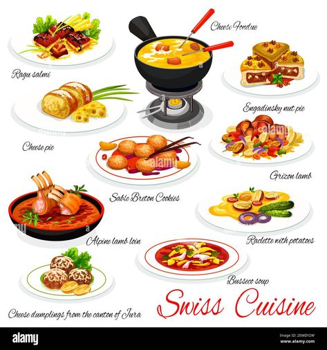 Download this stock vector: Swiss cuisine food dishes, traditional meals menu, vector Switzerland restaurant dinner and lunch. Swiss cheese fondue, ragu slami and Engadinsky nut - 2EMDY2W from Alamy's library of millions of high resolution stock photos, illustrations and vectors. Switzerland Food Traditional, Swiss Food Traditional, Switzerland Cheese, Switzerland Food, Swiss Cheese Fondue, Traditional Meals, Swiss Cuisine, Swiss Food, Lamb Loin