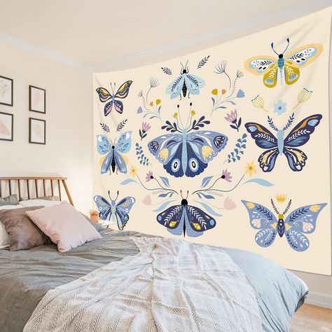 Blue Butterfly Bedroom, Elsa Bedroom, Butterfly Tapestry, Tapestry For Bedroom, Makeover Bedroom, Living Room Dorm, Butterfly Kids, Girls Rooms, Boho Blue