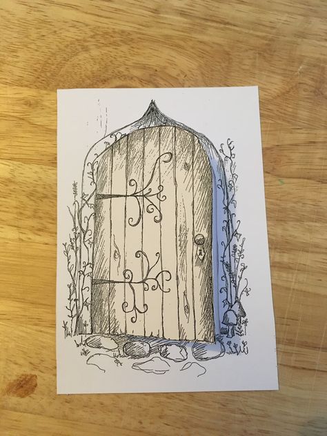 Fairy door illustration. Fairy party invitation. Amy O'Sullivan. Fairy Doors Illustration, Fairy Doors Drawing, Fairy Door Drawing Simple, Fairy Cards Ideas Inspiration, Magic Door Drawing, Garden Door Drawing, Magical Door Drawing, Garden Door Tattoo, Fairy Door Tattoo