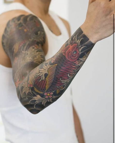 Cover Up Sleeve, Arm Cover Up Tattoos, Cover Up Tattoos For Men, Japanese Koi Fish Tattoo, Koi Tattoo Sleeve, Japanese Tattoos For Men, Full Hand Tattoo, Koi Tattoo Design, Traditional Tattoo Sleeve