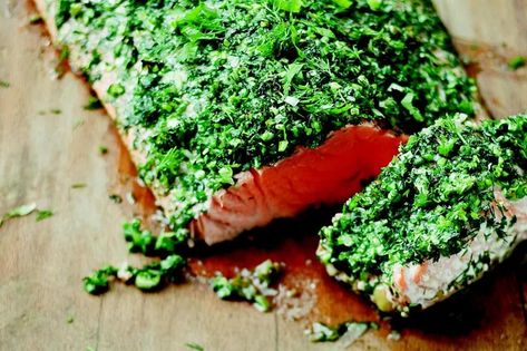 Roasted Salmon With Green Herbs recipe | Epicurious.com Roasted Salmon Recipes, Herb Salmon, Salmon Baked, Fish Store, Green Herbs, St Patricks Day Food, Herb Recipes, Salmon Dishes, Summer Eating