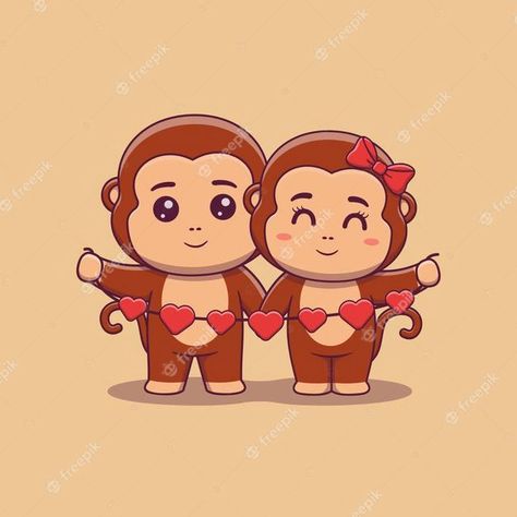 Monkey Couple Drawing, Cute Monkey Drawing, Monkey Couple, Monkey Zodiac, J Letter Images, Holding Hands Drawing, Hearts Garland, Heart Shaped Balloons, Monkey Drawing