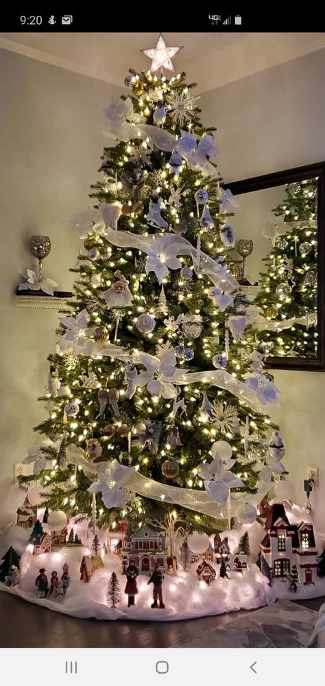 Christmas Tree With Village Underneath, Christmas Tree Under Decor, Under Tree Christmas Village, Snow Under Christmas Tree, Christmas Village Under The Tree, Decorating Under Christmas Tree, Under Christmas Tree Ideas, Under The Tree Decorations, Village Under Christmas Tree