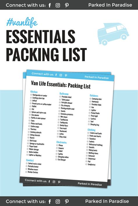 #vanlife essentials packing list for a diy campervan conversion or RV traveler. This is the most complete list you will find to bring along on your van life travels. Packing list for the kitchen, bathroom, living area, bedroom, safety supplies, vehicle maintenance and camper living with a pet. Great design and layout makes the list easy to check off. Perfect to-do checklist for adventure travel! Tips, tricks, hacks and ideas for your camper! Van Life Essentials, Packing Essentials List, Life Essentials, Diy Campervan, Campervan Conversion, Vehicle Maintenance, Van Life Diy, Camper Van Conversion Diy, Camper Living