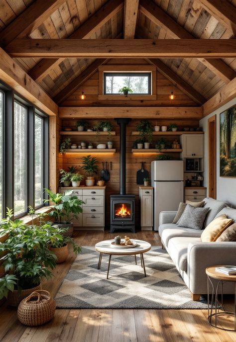 Small Cabin Interior Ideas Jungle Cabin Interior, Small Cabin Designs Interiors, Small Wood Cabin Interior Design, Small Cozy Cabin Living Room, Modern Cozy Cabin Interior, Cedar Cabin Interior Design, Small Mountain Cabin Interior, River Cabin Interior, Whimsical Cabin