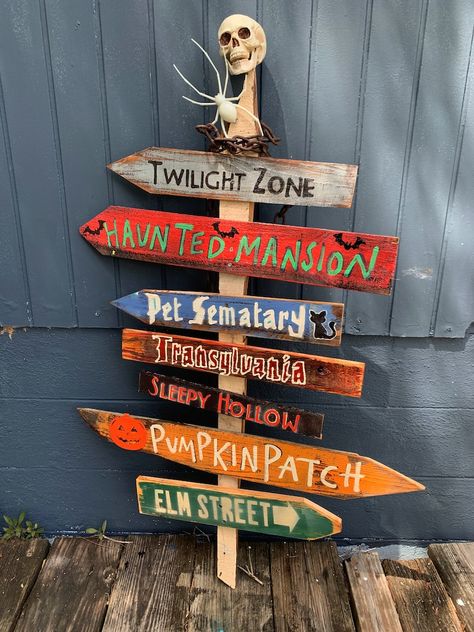 HALLOWEEN SIGNS Themed Spooky Tiki Directional Destination | Etsy Wooden Halloween Decorations, Halloween Signs Diy, Halloween Street, Halloween Yard Signs, Table Halloween, Halloween Outside, Halloween Wood Signs, Halloween Wood Crafts, Fröhliches Halloween