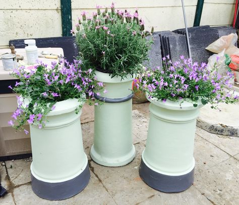 Plants In Chimney Pots, Painted Chimney Pots Garden, Chimney Planter Ideas, Chimney Pots Garden Ideas, Chimney Pot Planter Ideas, Garden Chimney, Chimney Pot Planter, Painted Chimney, Outdoor Chimney