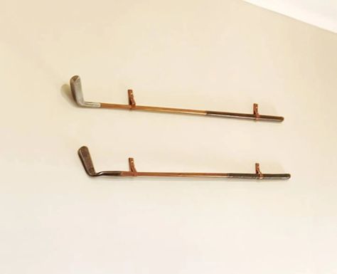 Leather Golf Club Wall Hanger Bracket Golf Club Holder Golf - Etsy Hanging Golf Clubs On Wall, Vintage Golf Club Decor, Golf Club Wall Decor, How To Hang Golf Clubs On The Wall, Golf Club Wall Display, Golf Club Display On Wall, Golf Club Decor, Golf Office Decor Ideas, Golf Clubs On Wall