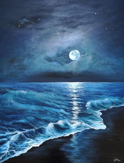 Northern Lights Painting Acrylic, Colour Pencil Art Landscapes, Simple Oil Painting, Northern Lights Painting, Easy Landscape Paintings, Ocean At Night, Dark Paintings, Simple Canvas Paintings, Moon Painting