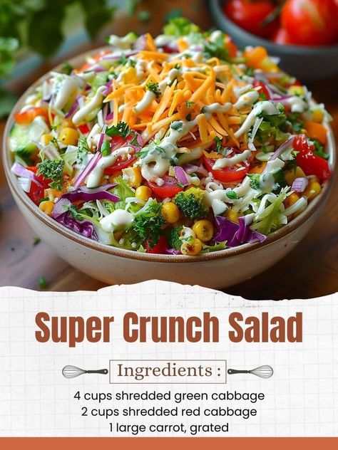 Recipe of the day Crunch Salad, Salad Dishes, Green Cabbage, Chopped Salad, Red Cabbage, Sliced Almonds, Fresh Salads, Dinner Dishes, Salad Ingredients