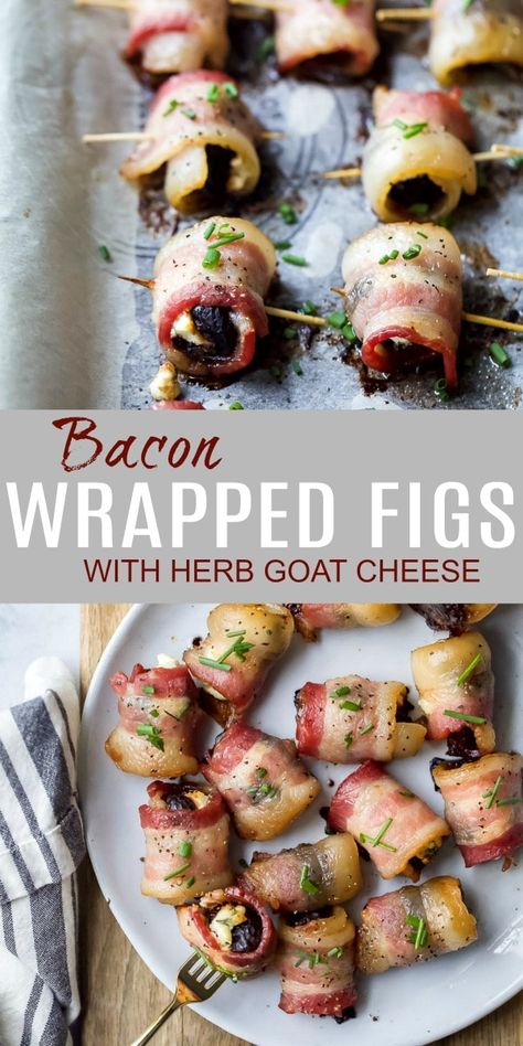 Bacon Wrapped Figs stuffed with an herb goat cheese - sweet salty deliciousness that will be gone in seconds! These easy wrapped figs will make the perfect holiday appetizer - plus bacon. #glutenfree #partyfood #valentinesday Bacon Wrapped Figs, Herb Goat Cheese, Fig Appetizer, Horderves Appetizers, Stuffed Dates, Bacon Appetizers, Holiday Appetizer, Fig Recipes, Beer Cheese