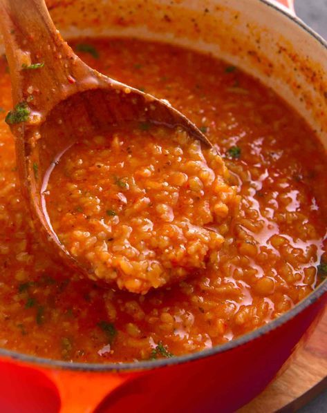 Turkish ezogelin soup | Bulgur red lentil soup recipe Turkish Tomato Soup, Pinch Of Yum Red Lentil Soup, Turkish Red Lentil Soup Recipes, Turkish Red Lentil Soup, Turkish Lentil Soup, Spicy Red Lentil Soup, Bulgur Soup, Red Lentil Soup Recipe, Mushroom Barley Soup