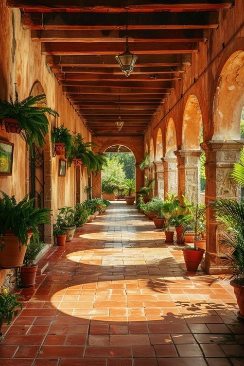 Mexican Hacienda Exterior, Hacienda Aesthetic, Mexican Hacienda Homes, Hacienda Courtyard, Old Mexican House, Arcade Architecture, Hacienda Decor, Mexican House, Hacienda Homes