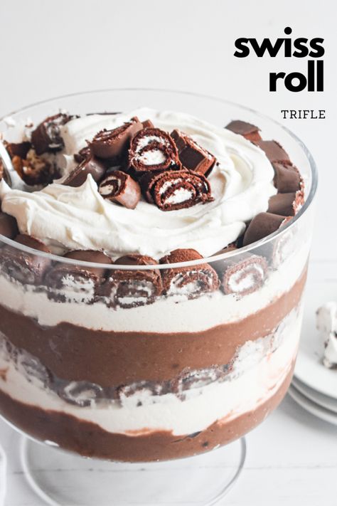 Swiss Roll Trifle | Recipes | Eat Wheat Swiss Roll Dessert Ideas, Swiss Cake Roll Trifle, Swiss Roll Trifle Recipes, Swiss Roll Dessert, Swiss Roll Trifle, Chocolate Cake Trifle, Trifle Recipes Easy, Trifle Bowl Recipes, Dessert For A Crowd