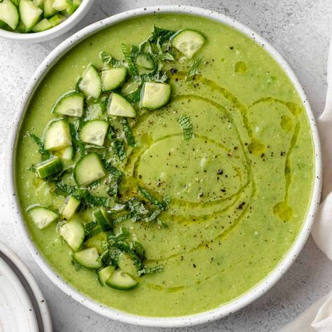 Cold Cucumber Green Gazpacho (Chilled Soup) | Toshi's Table Chilled Cucumber Soup, Cucumber Soup Cold, Green Gazpacho, Cucumber Gazpacho, Refreshing Summer Recipes, Cucumber Soup, Toasted Crostini, Watermelon Salsa, Chilled Soup