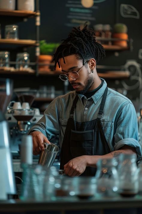 Cafe Photography People, Cafe Worker Outfit, Barista Photography, Cafe Worker, Barista Aesthetic, Etsy Aesthetic, Entrepreneur Aesthetic, People Drinking Coffee, Coffee Steam