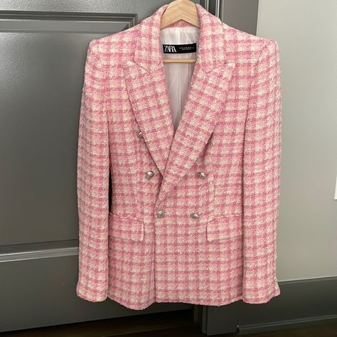 Zara double breasted blazer Pink Plaid Blazer, Zara Tweed Blazer, Pink Tweed Jacket, Double Breasted Tuxedo, Zara Tweed, Leopard Print Blazer, Checked Blazer, Long Blazer, Pink Blazer