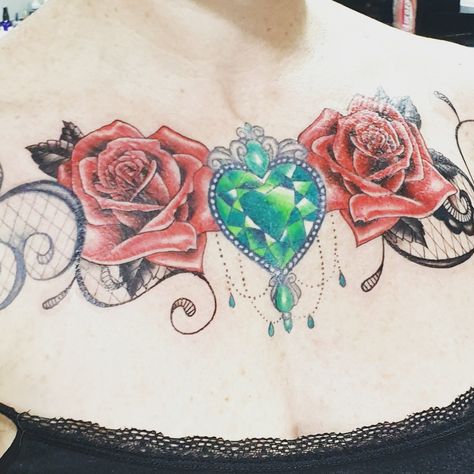 Gemstone Chest Tattoo, Colored Chest Tattoo, Lace Chest Tattoo, Chest Tattoo Female Middle, Roses Chest Tattoo, Gemstone Tattoo, Rose Chest Tattoo, Chest Tattoo Female, Gem Tattoo