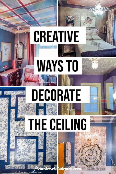 creative ways to decorate the ceiling Hanging From Ceiling Decor Bedroom, Cardboard Ceiling Ideas, Ceiling Treatments Living Room, Decorated Ceilings Ideas, Ceiling Mural Ideas, Ceiling On A Budget, Ceiling Decorating Ideas, Ceiling Decor Ideas, Decorated Ceiling