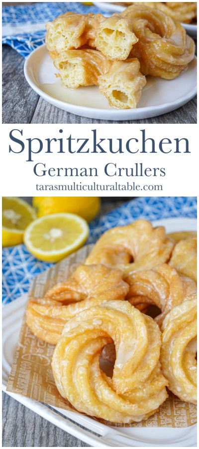 A pile of Spritzkuchen (German Crullers) on a white platter and on a white plate. Crullers Recipe, German Pastries, German Food Authentic, German Bread, German Desserts, Sweet Glaze, German Baking, Homemade Donuts, European Food