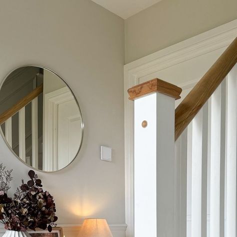 Amy Barclay on Instagram: "Hallway Details

A little autumn restyling in the hallway 🍂

Hope you’re all having a good week so far. The weather has been so mild and sunny here ☀️🍁

Flooring @amticoflooring Fawn Oak
Stair Runner @cormarcarpets Southwold Barnham Beach
Console @cotswoldco Chester Stone
Wall colour Slaked Lime Mid 
Panelling Slaked Lime 
Vase and faux stems @the_suffolk_nest 
Faux stems on stool @nucohome 
Lamp @zarahome 
Print @troveprints *pr
Cushion @foxandbeau 

#hallway #hallwaystyling #autumnstyling #smallhallway #panelling #neutralhallway #stairrunner #homeinteriors #entrancehall #hallwaydetails #newbuildhallway #hallwaypanelling #slakedlime #slakedlimemid #cormarcarpets" Slaked Lime Mid, Neutral Hallway, Hallway Panelling, Slaked Lime, Faux Stems, Oak Stairs, Wall Colour, Small Hallways, Good Week