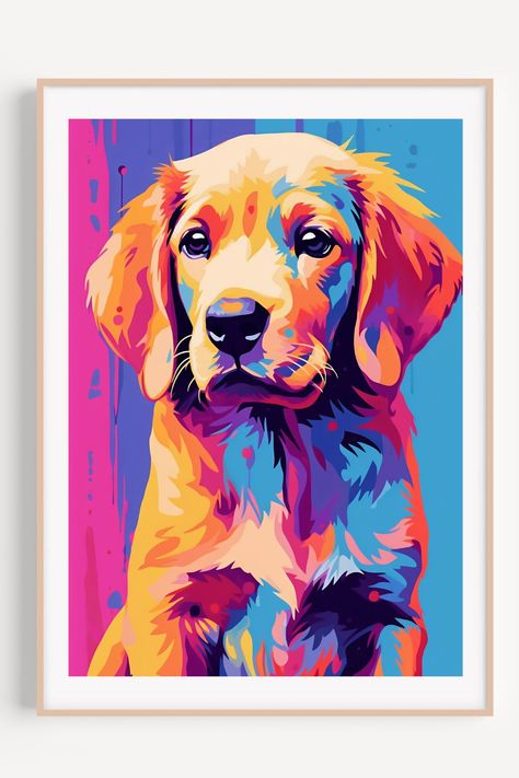 Golden Retriever Colorful Pop Art Golden Retriever Pop Art, Pop Art Painting Ideas, Dog Panting, Dog Painting Pop Art, Colorful Dog Art, Poster Color Painting, Colorful Pop Art, Pop Art Images, Abstract Animal Art