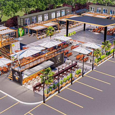 Container Food Court Design, Food Courts Designs, Food Street Design Architecture, Street Mall Design, Food Court Restaurant Design, Restaurant Parking Lot Design, Outdoor Foodcourt Architecture, Outdoor Eatery Design, Container Food Park