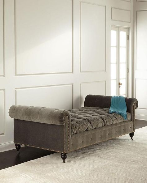 Seating - Handcrafted daybed by Regina Andrew is upholstered in a brown gray velvet material with rolled arms, deep button tufting and brass nailhead trim along the frame ... Charcoal Grey Couch, Charcoal Couch, Tufted Daybed, Dark Gray Sofa, Tufted Couch, Tufted Furniture, French Mattress, Grey Couch, Grey Sofa