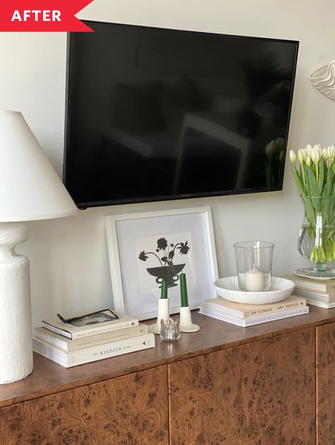 Before and After: An IKEA BESTA Console Gets a Glam Glow Up for Just $75 | Apartment Therapy Ikea Tv Console, Tv Console Decor, Wood Contact Paper, Ikea Bestå Hack, Besta Hack, Ikea Tv, Kinfolk Home, Ikea Ideas, Glam Glow